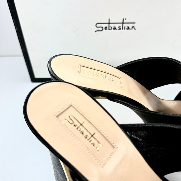 Sebastian Black Nappa Leather Strappy Sandals Size 38 EU Gold Block Heel Women's - Picture 4 of 10